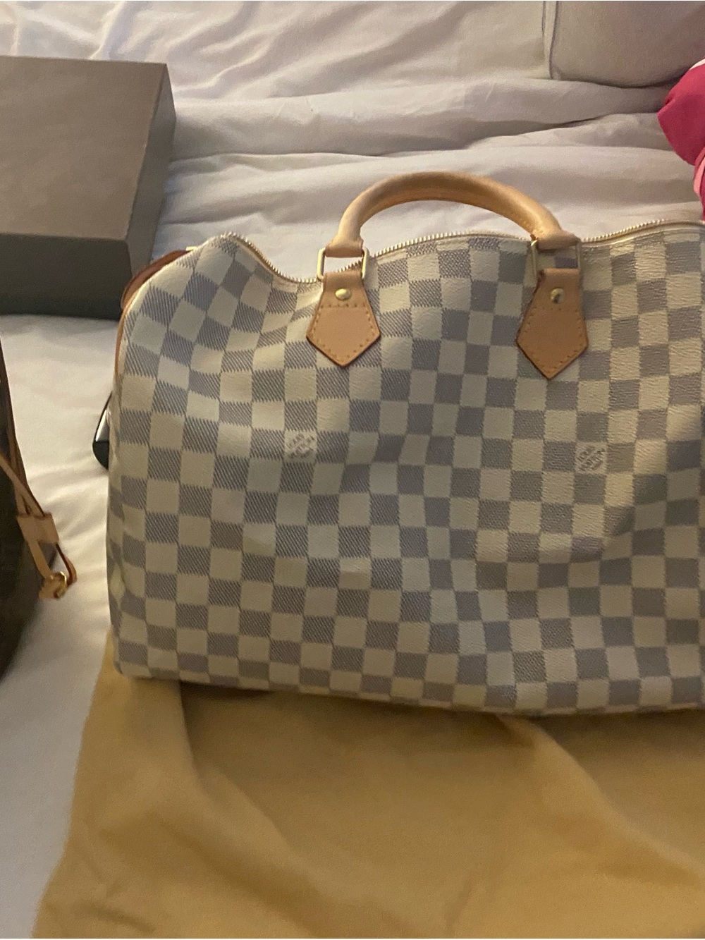 Louis Vuitton Damier Azur Checkerboard Satchel in Light Gray and Cream